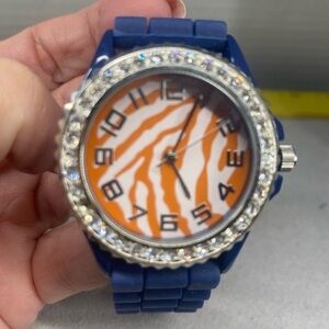 “Geneva” Blue Silicone Watch Tiger Stripe 12 Hour Quartz With Rhinestone Watch